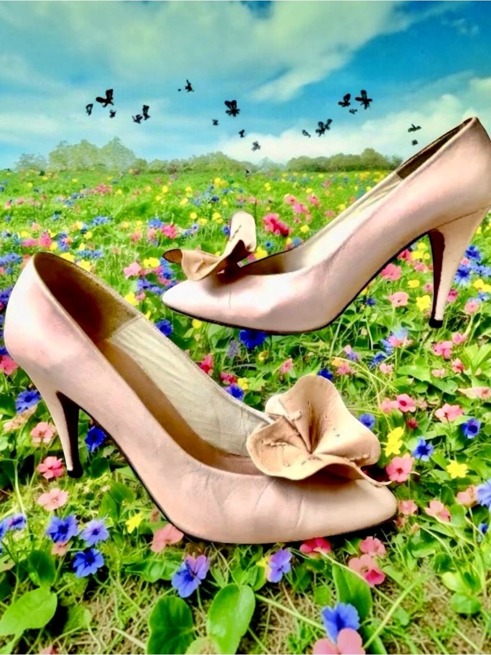 MARTINEZ VALERO Vintage 80's Pump Heels Leather Big Flower Womens 8.5 Spain